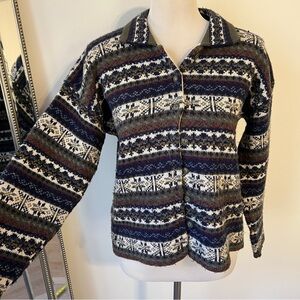 Kathy Ireland Vintage Fair Isle Button-Up Cardigan Navy Cream Green sweater